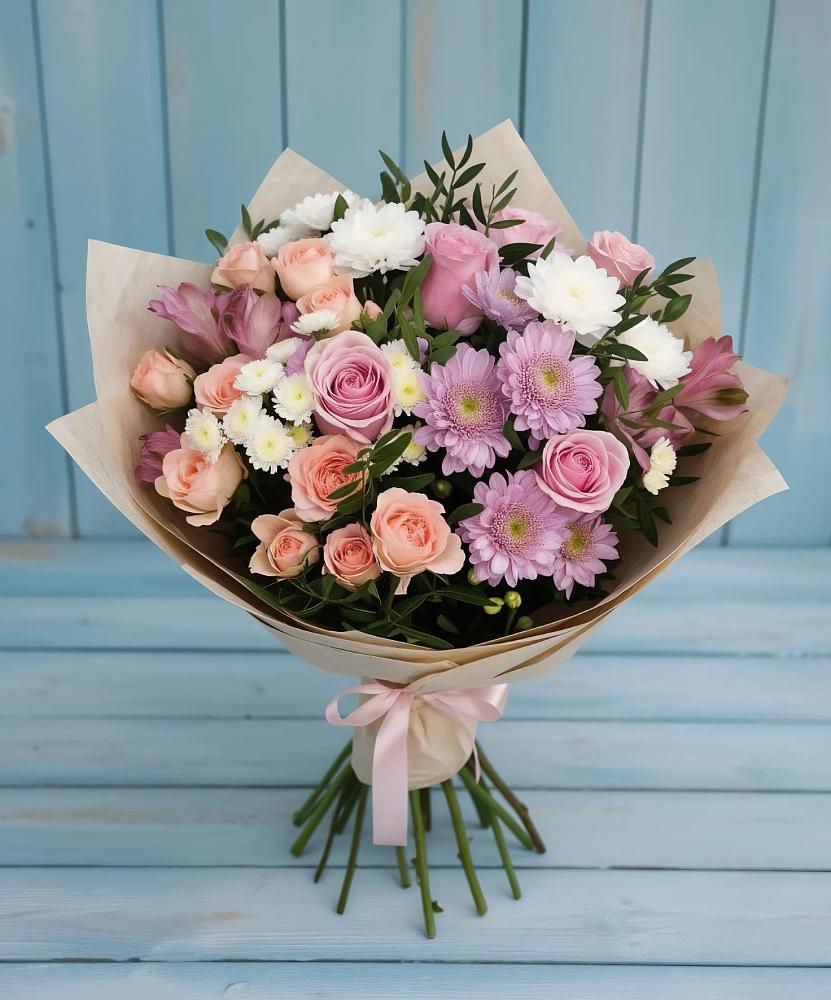Букет цветов из: Хризантемы, Розы и Альстромерии в Анискино