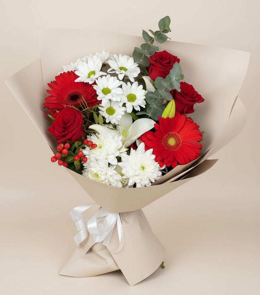 Букет цветов из: Розы, Хризантемы, Герберы и Лилии в Анискино